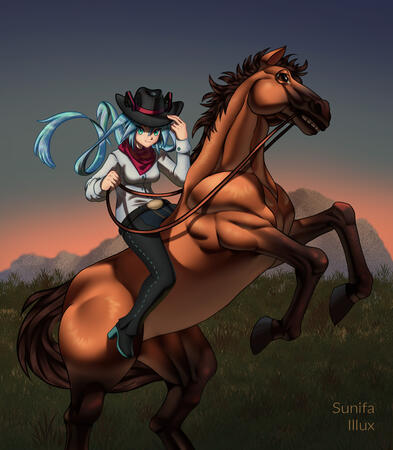 Cowgirl collab with Illux Hatsune Miku riding a horse